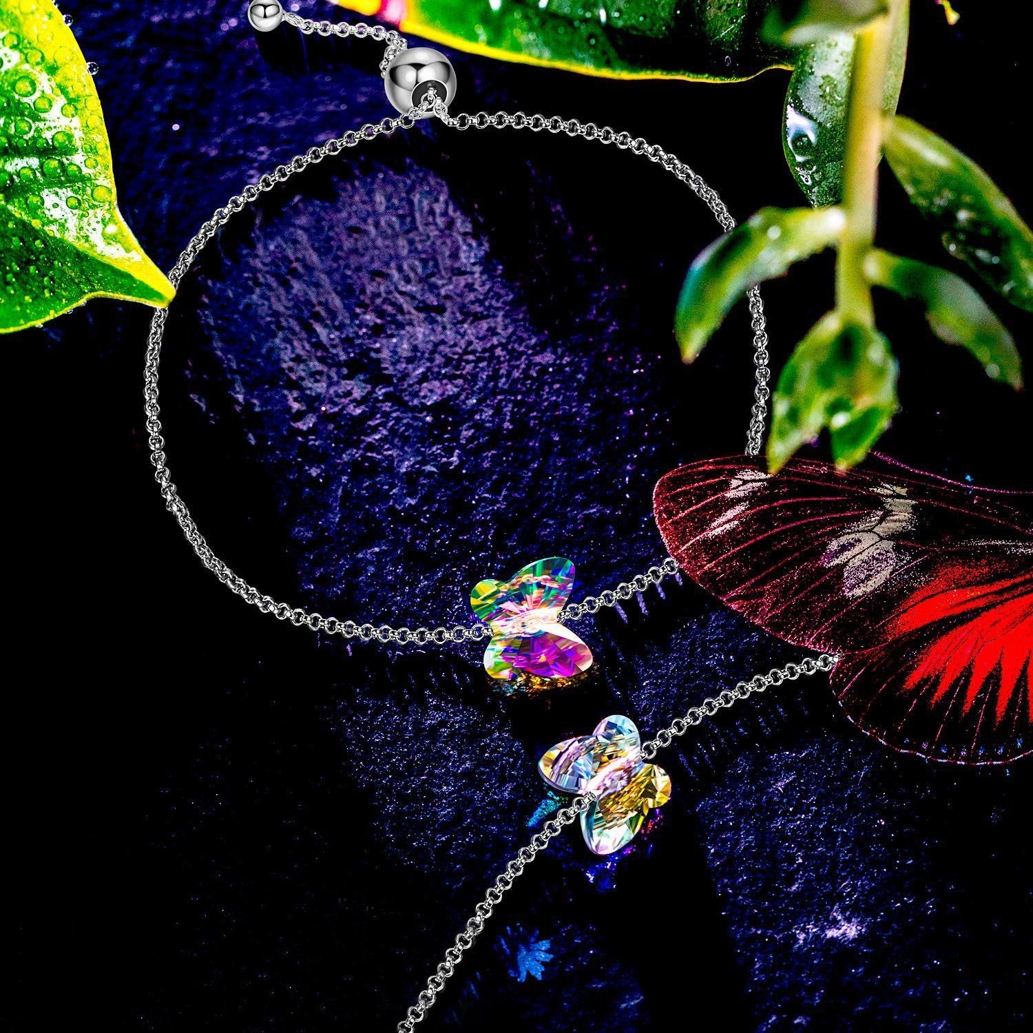 A beautiful Rainbow Aurora Borealis Butterfly Pendant Bracelet made of 14K white gold plating, featuring a colorful butterfly pendant and link chain.