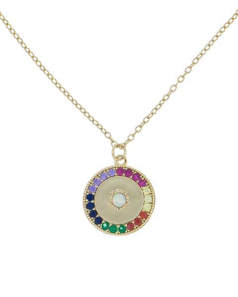 A beautiful Rainbow Austrian Elements Pendant Necklace featuring 14K gold plating and colorful stones, showcasing a unique design.