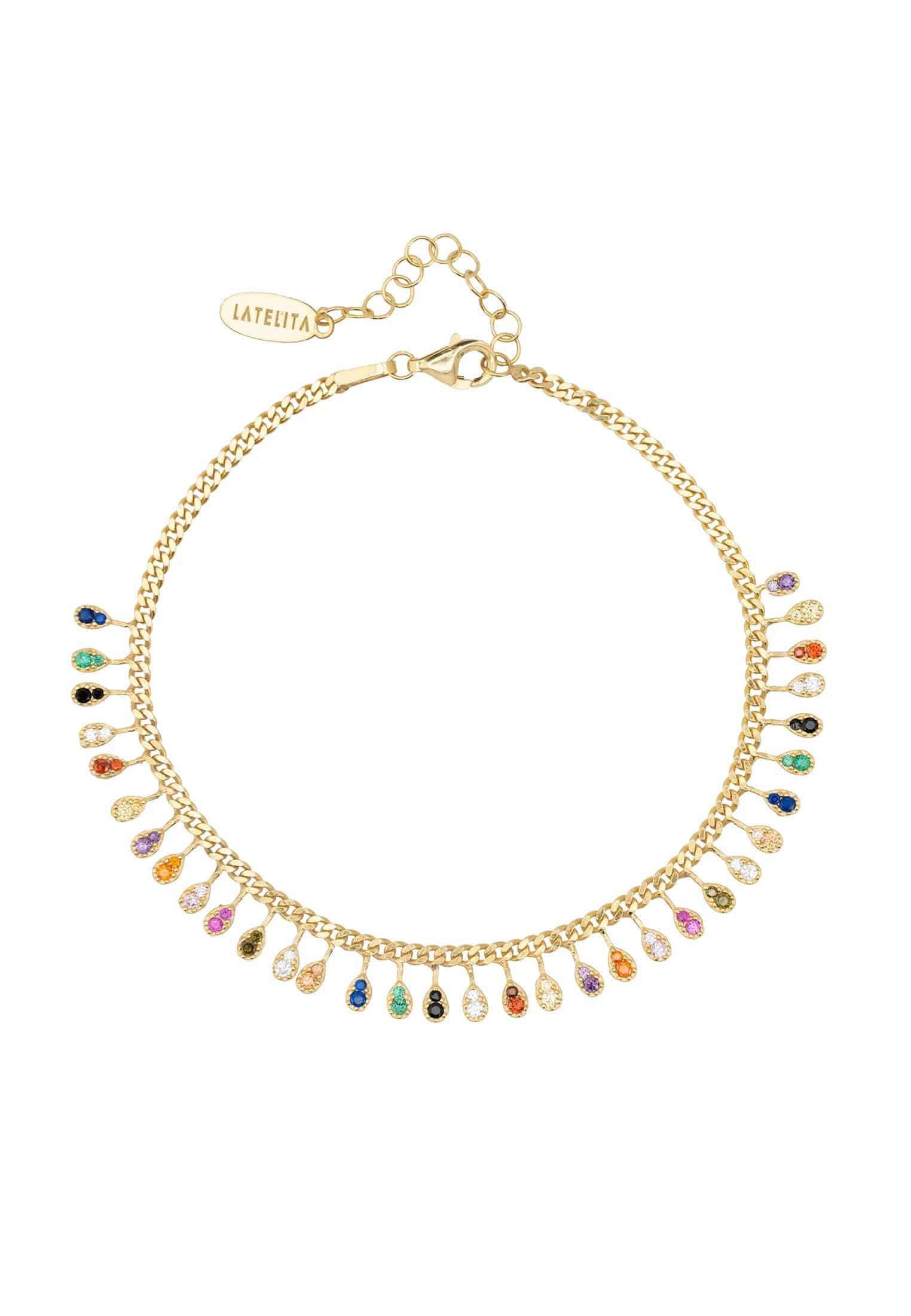 Rainbow Droplets Bracelet Gold featuring colorful zirconia droplets on a gold curb chain, elegantly designed for everyday wear.