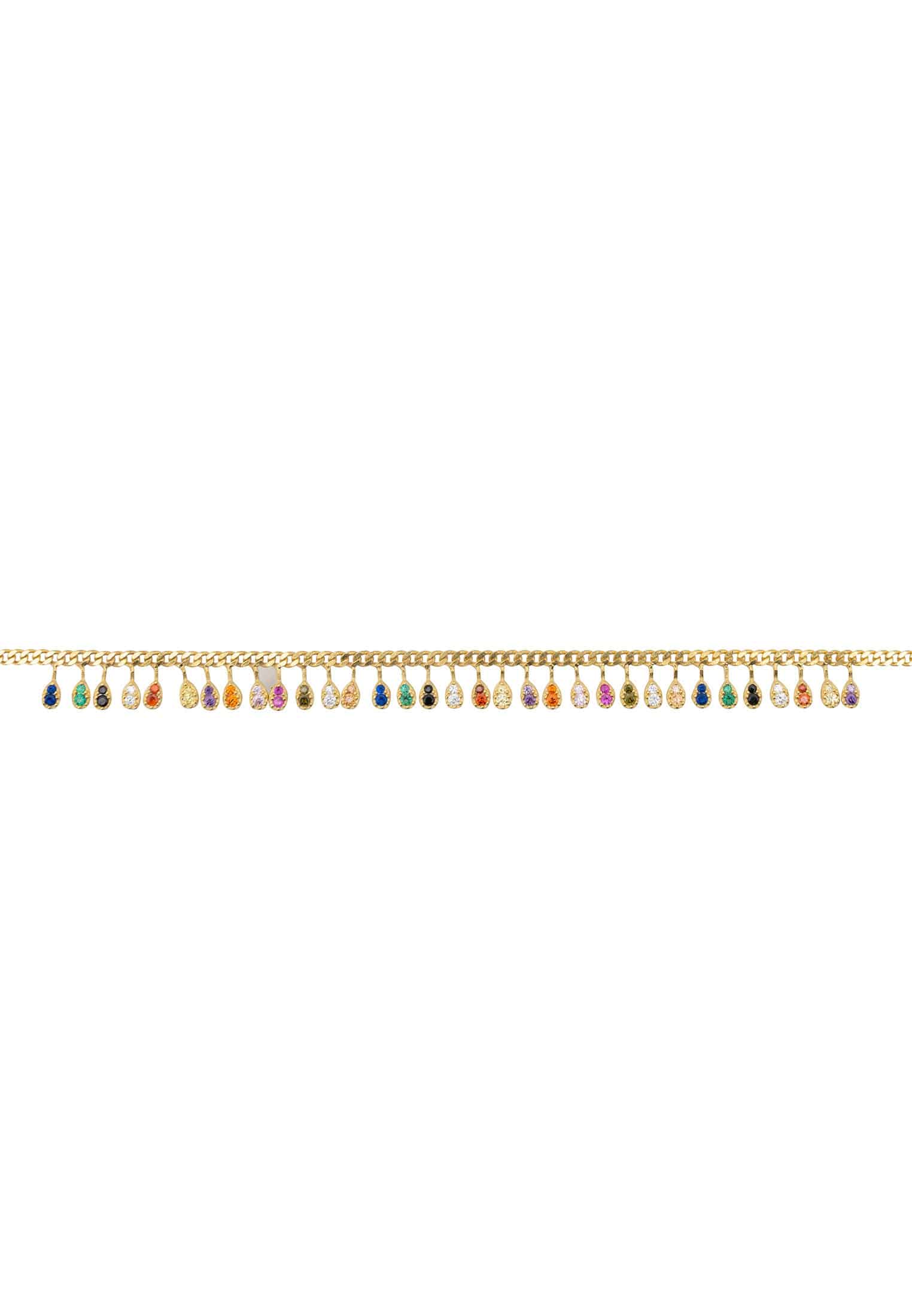 Rainbow Droplets Bracelet Gold featuring colorful zirconia droplets on a gold curb chain, elegantly designed for everyday wear.