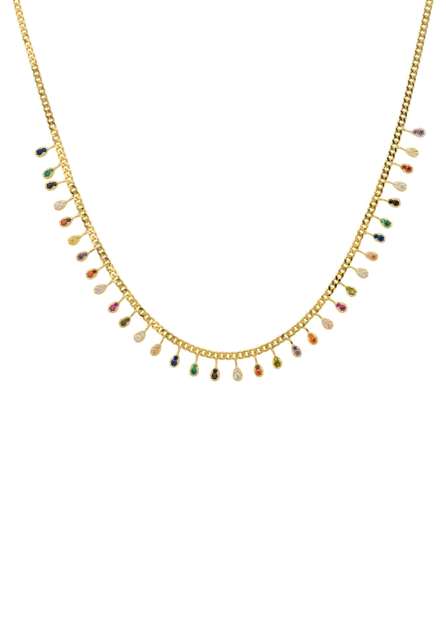 Rainbow Droplets Necklace Gold featuring colorful zirconia droplets on a gold curb chain, elegantly displayed.