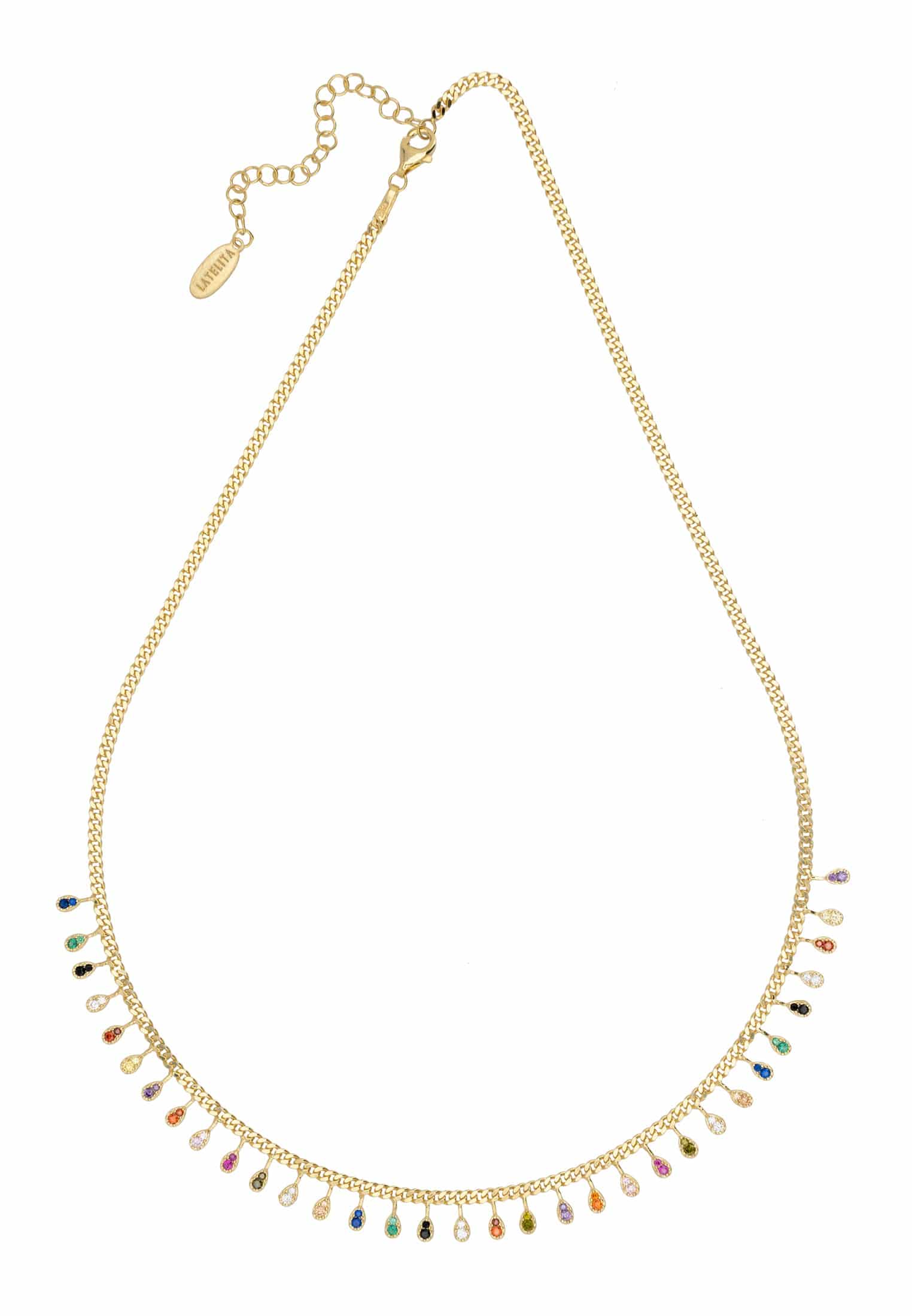 Rainbow Droplets Necklace Gold featuring colorful zirconia droplets on a gold curb chain, elegantly displayed.