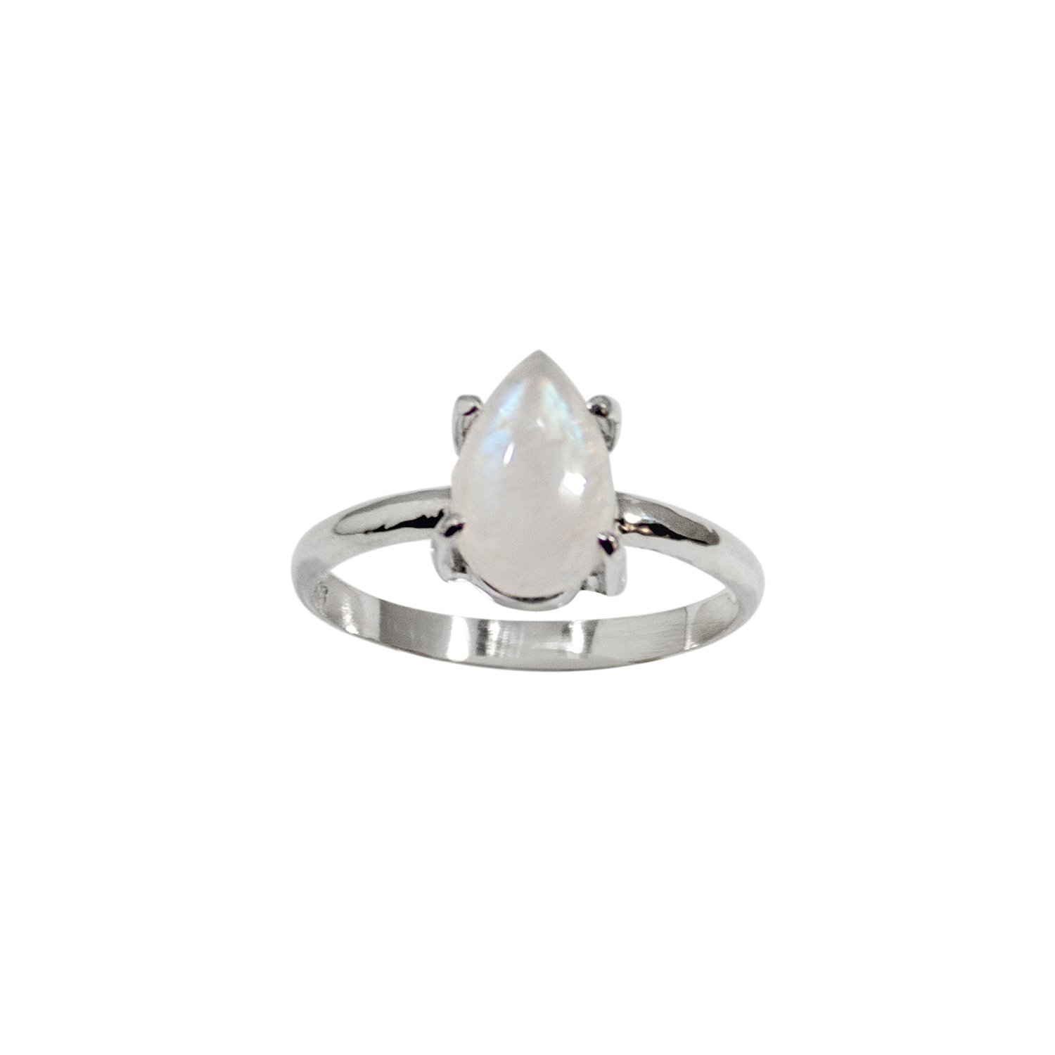 Rainbow Moonstone Pear Claw Sterling Silver Ring featuring a blue flashing pear-shaped moonstone in a claw setting.