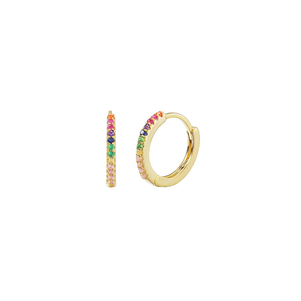 Colorful rainbow petite hoop earrings made from stainless steel with gold plating, showcasing a vibrant design.