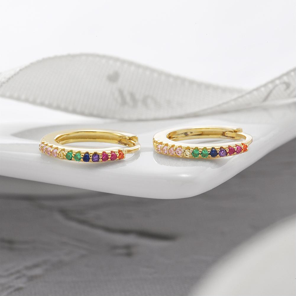 Colorful rainbow petite hoop earrings made from stainless steel with gold plating, showcasing a vibrant design.