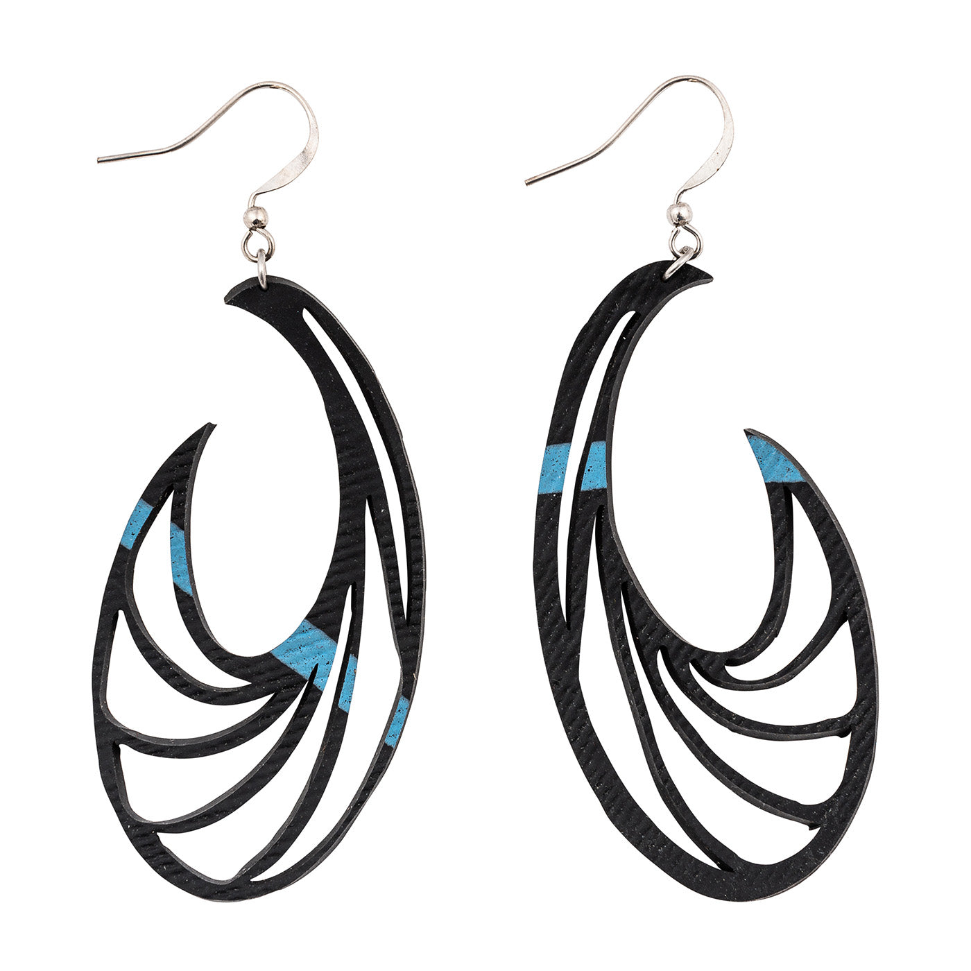 Handcrafted Ram Statement Inner Tube Earrings made from recycled rubber, featuring a unique ram horn-inspired design with sterling silver hooks.