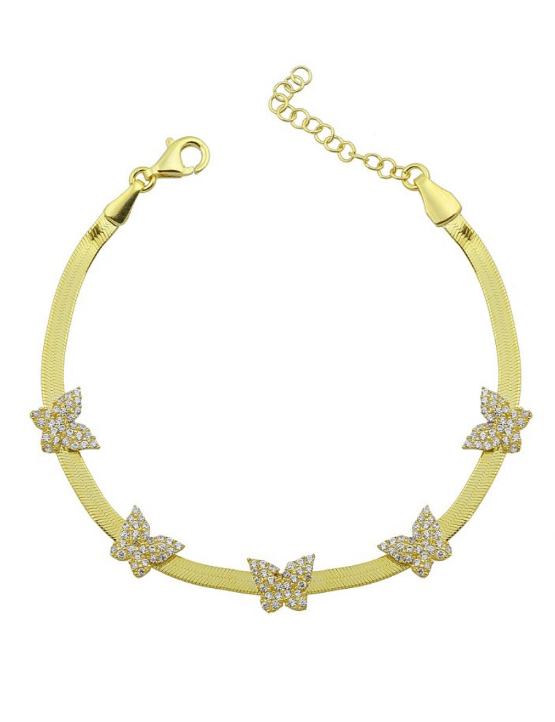 RANA Bracelet featuring butterfly charms in 925 sterling silver with yellow gold plating and sparkling cubic zirconias.