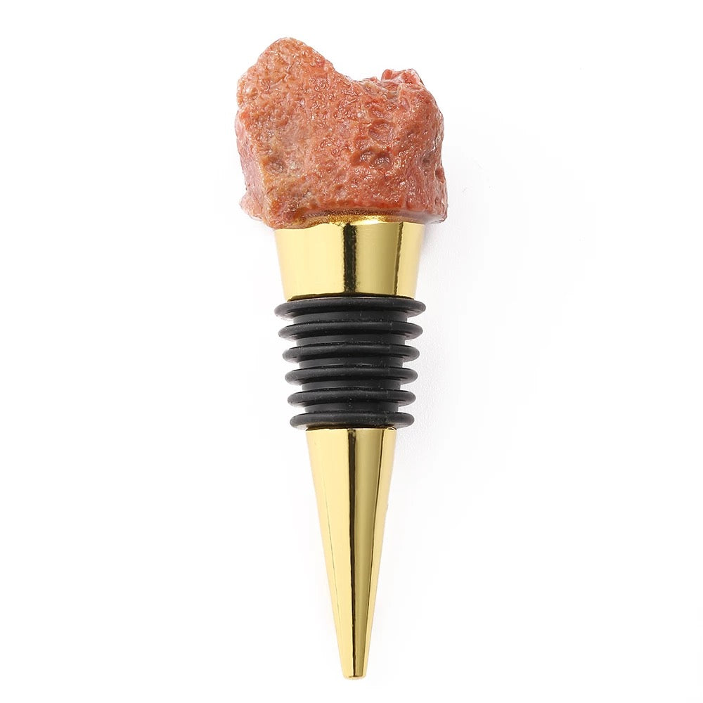 A luxurious Raw Crystal Wine Stopper with a gold finish, showcasing unique handcrafted raw crystals in various colors.