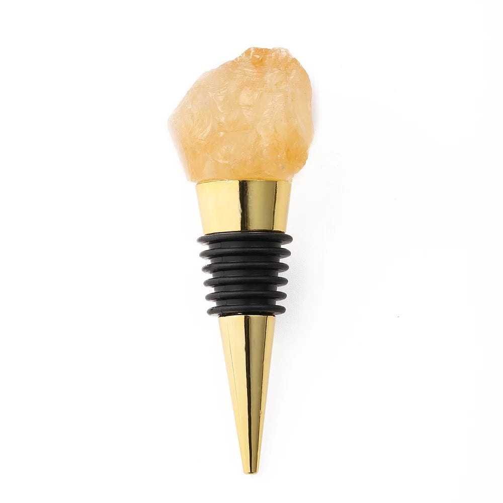 A luxurious Raw Crystal Wine Stopper with a gold finish, showcasing unique handcrafted raw crystals in various colors.