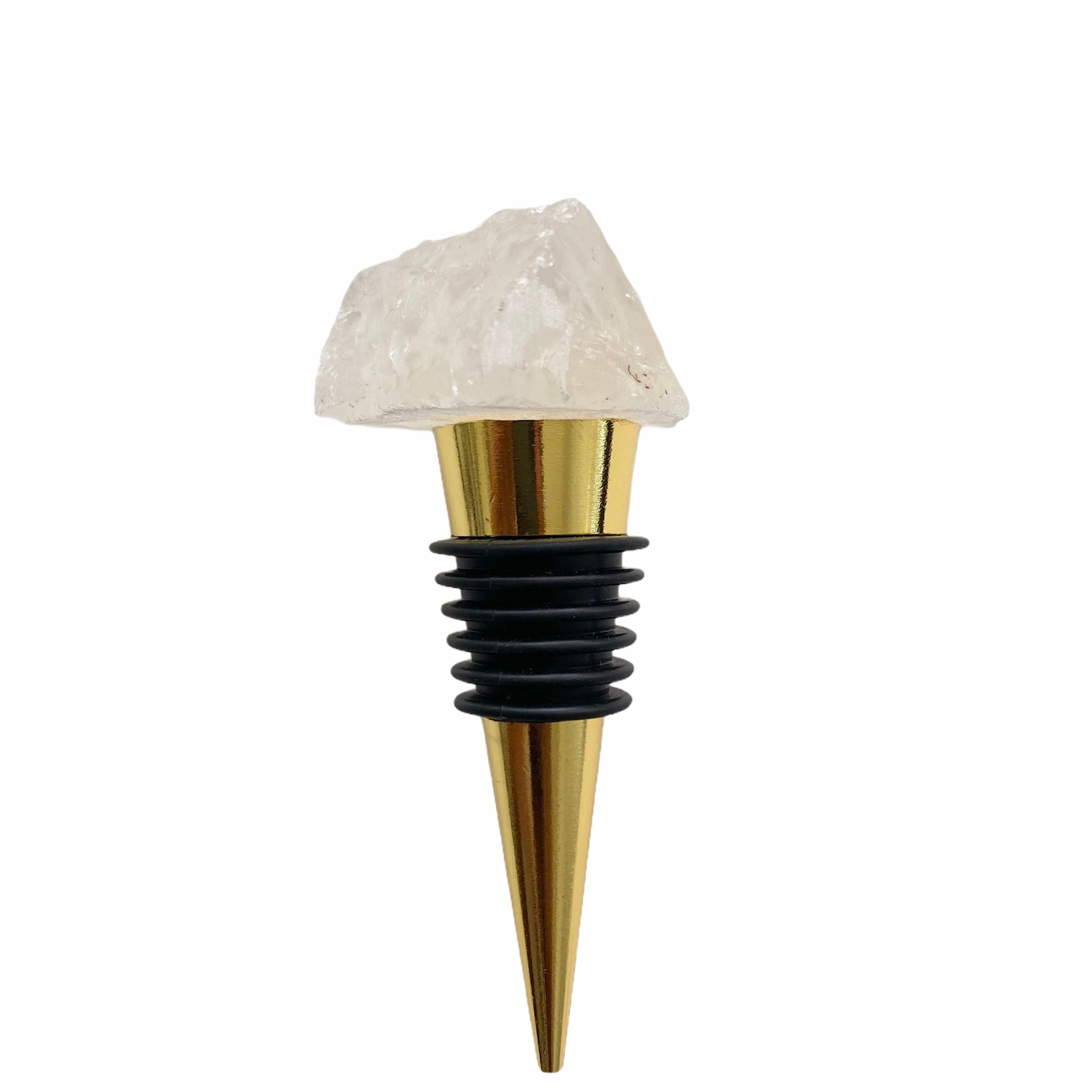 A luxurious Raw Crystal Wine Stopper with a gold finish, showcasing unique handcrafted raw crystals in various colors.