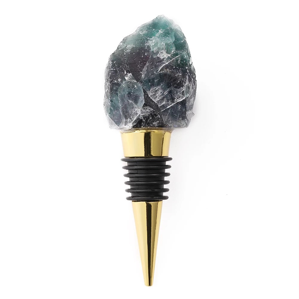 A luxurious Raw Crystal Wine Stopper with a gold finish, showcasing unique handcrafted raw crystals in various colors.