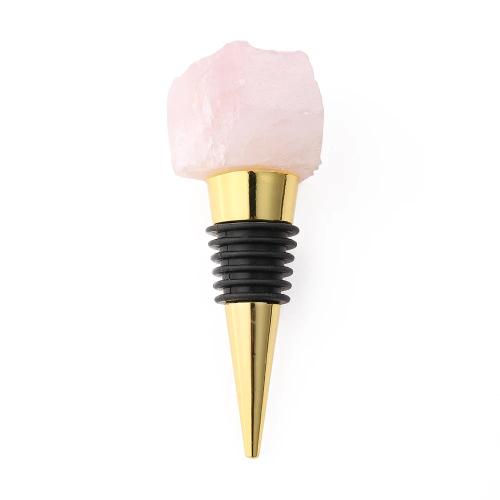 A luxurious Raw Crystal Wine Stopper with a gold finish, showcasing unique handcrafted raw crystals in various colors.