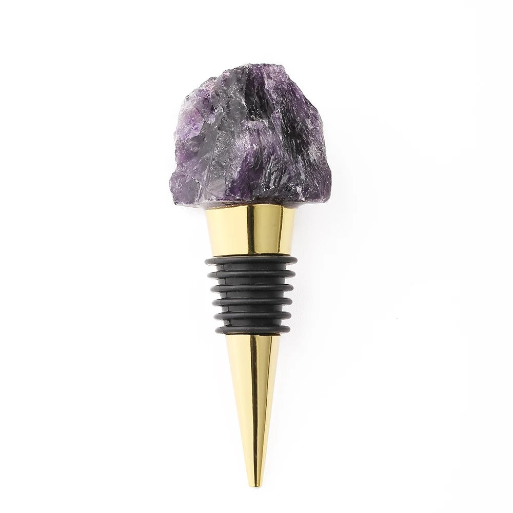 A luxurious Raw Crystal Wine Stopper with a gold finish, showcasing unique handcrafted raw crystals in various colors.