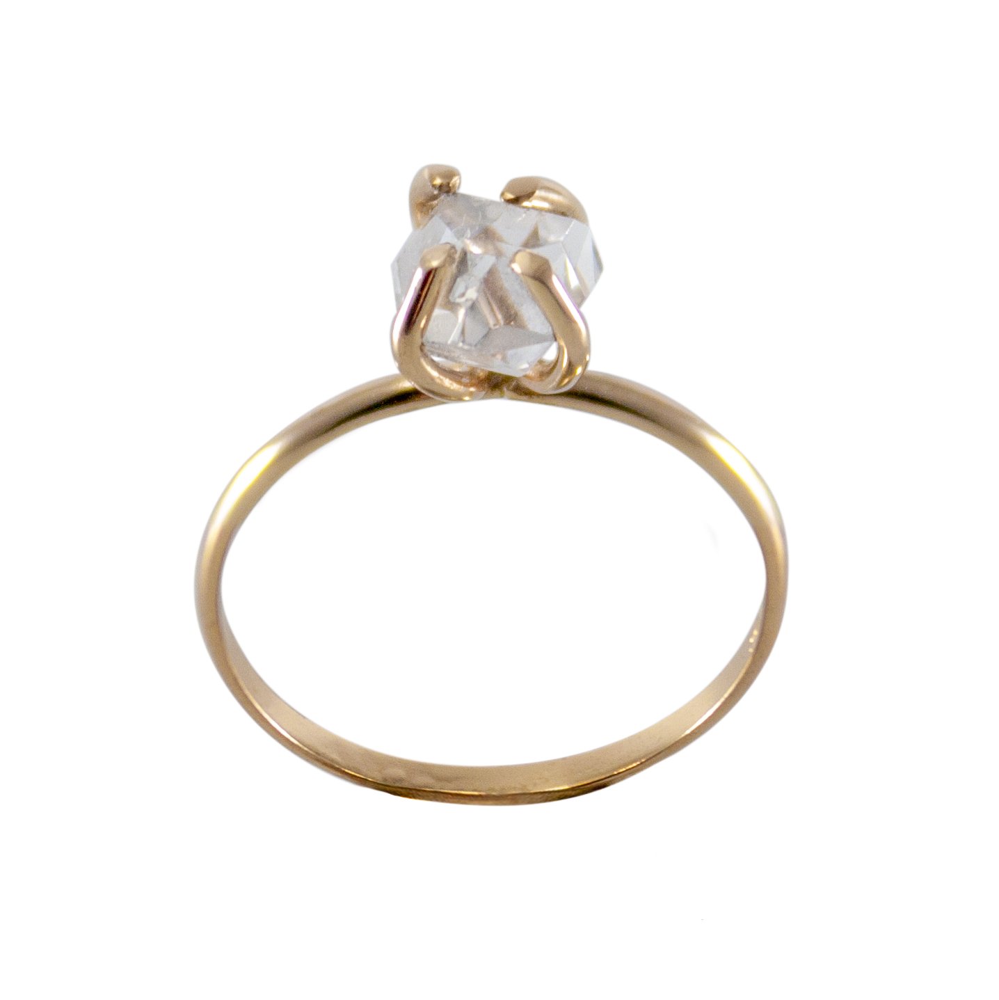 A stunning Raw Herkimer Diamond set in a 14k gold filled prong ring, showcasing its natural brilliance and unique shape.