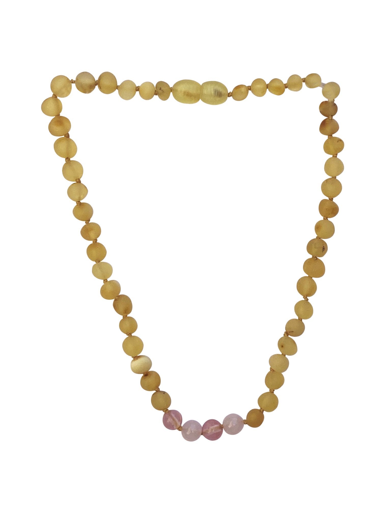 Raw Lemon and Rose Quartz Baby teething necklace featuring genuine Baltic Amber and various healing gemstones, designed for safety and comfort.