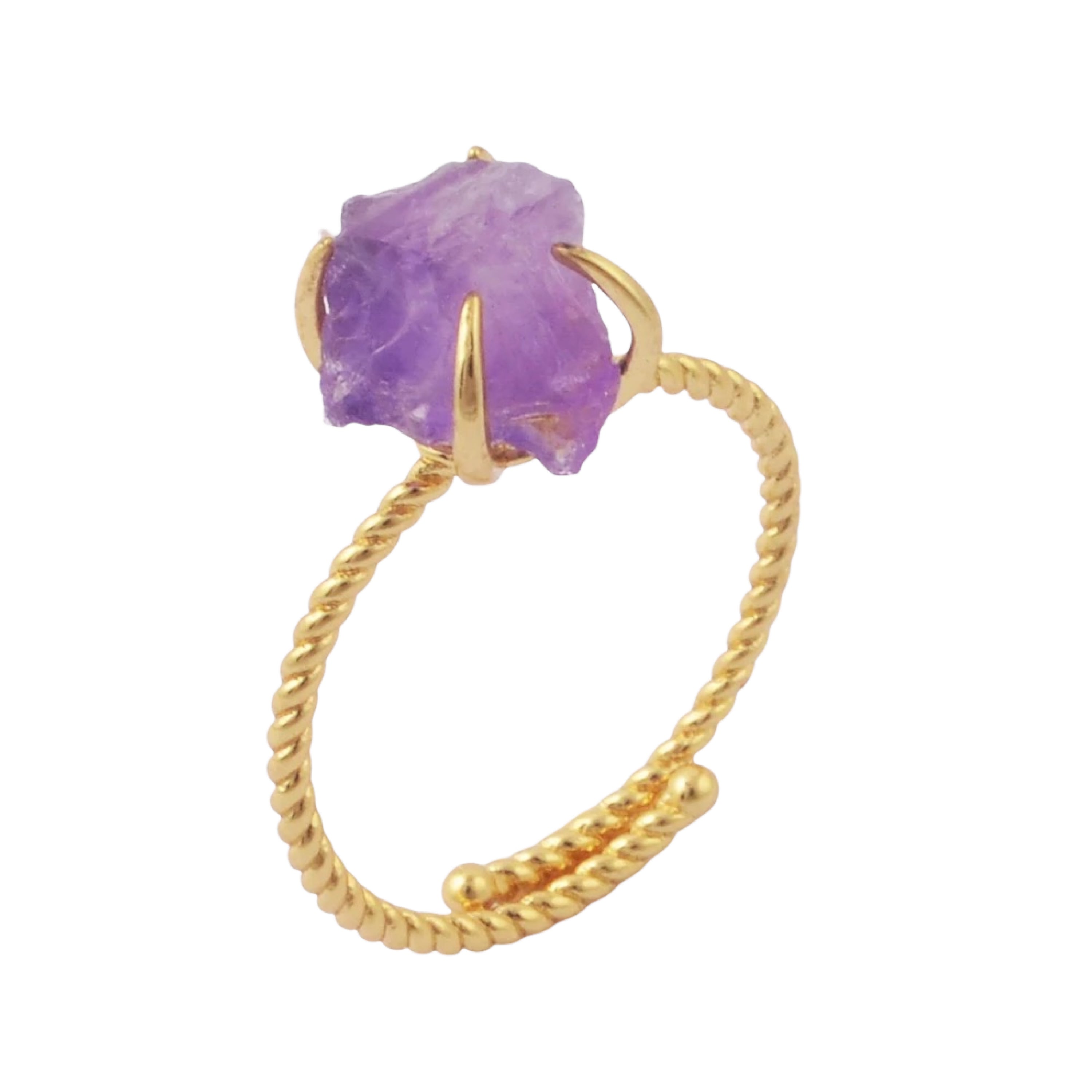 A stunning gold plated raw nugget claw ring featuring various crystals, showcasing its unique design and adjustable fit.