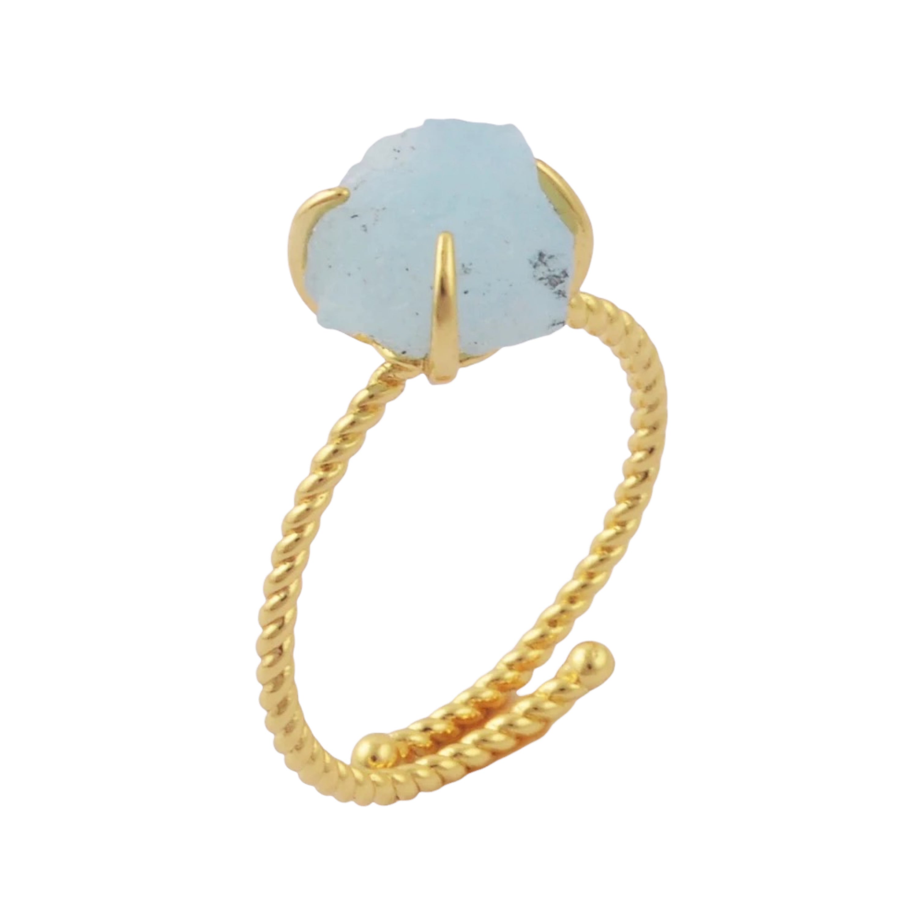 A stunning gold plated raw nugget claw ring featuring various crystals, showcasing its unique design and adjustable fit.