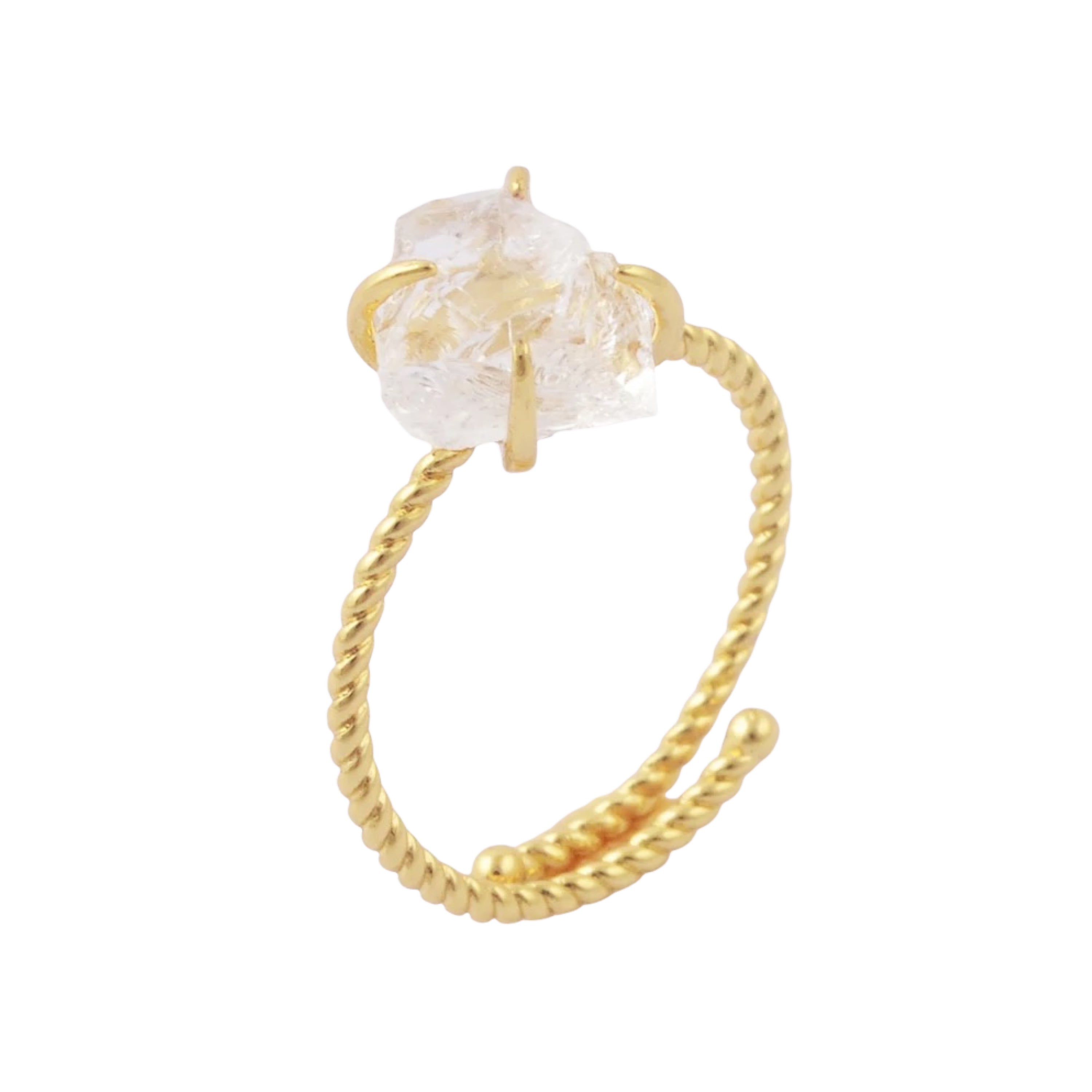 A stunning gold plated raw nugget claw ring featuring various crystals, showcasing its unique design and adjustable fit.