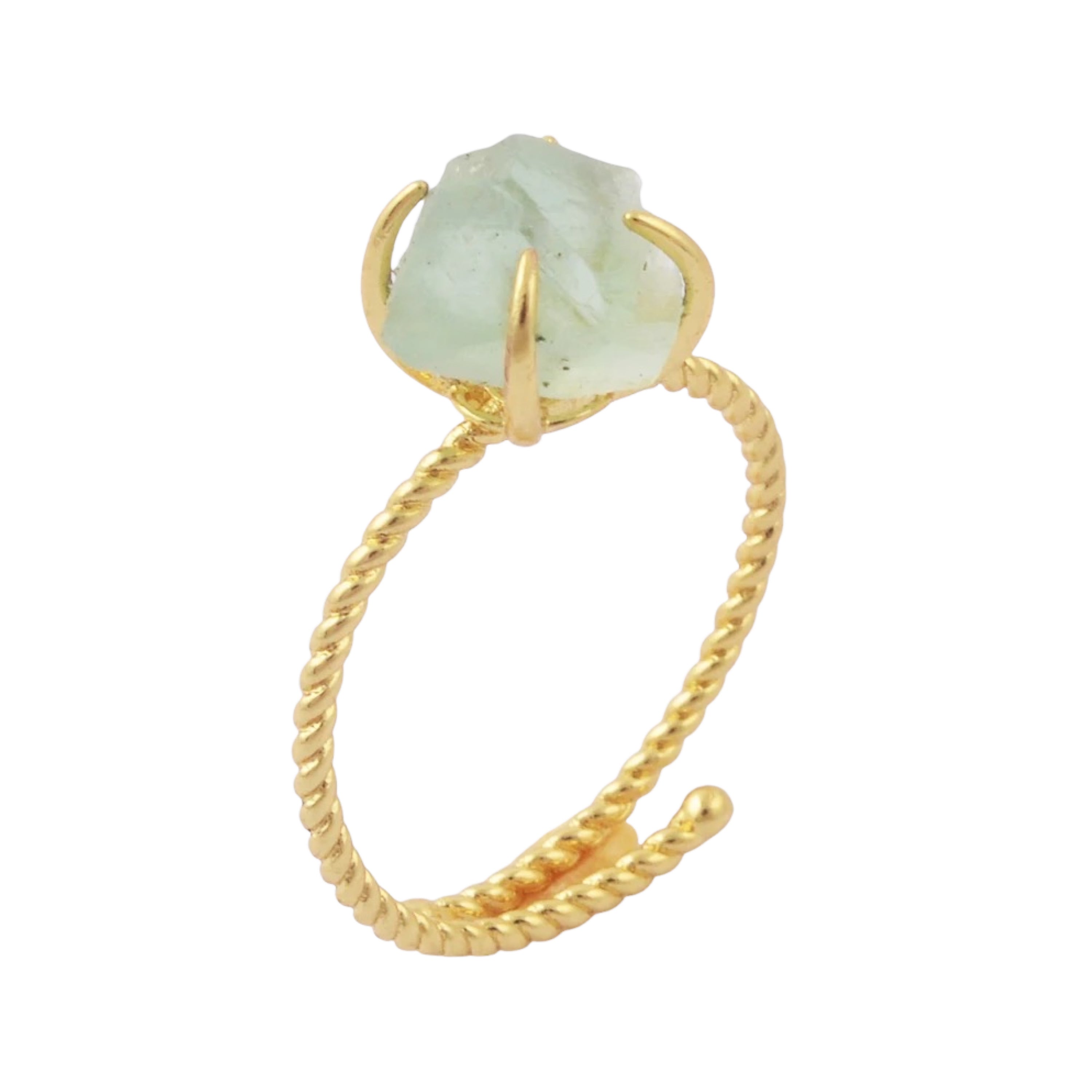 A stunning gold plated raw nugget claw ring featuring various crystals, showcasing its unique design and adjustable fit.