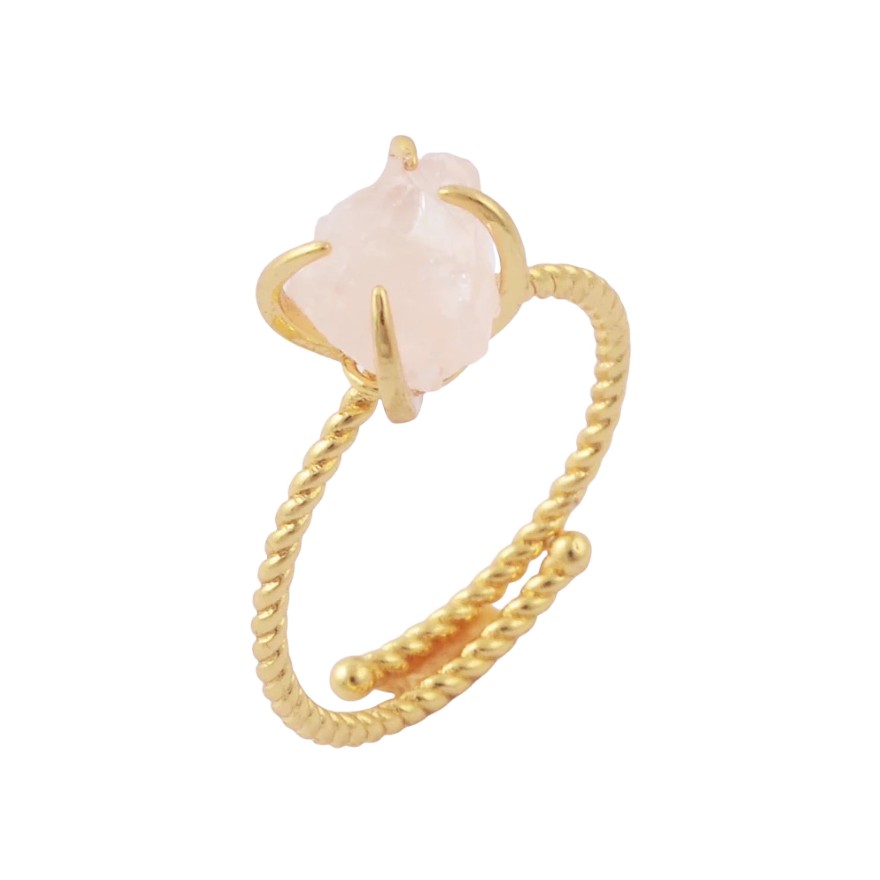 A stunning gold plated raw nugget claw ring featuring various crystals, showcasing its unique design and adjustable fit.