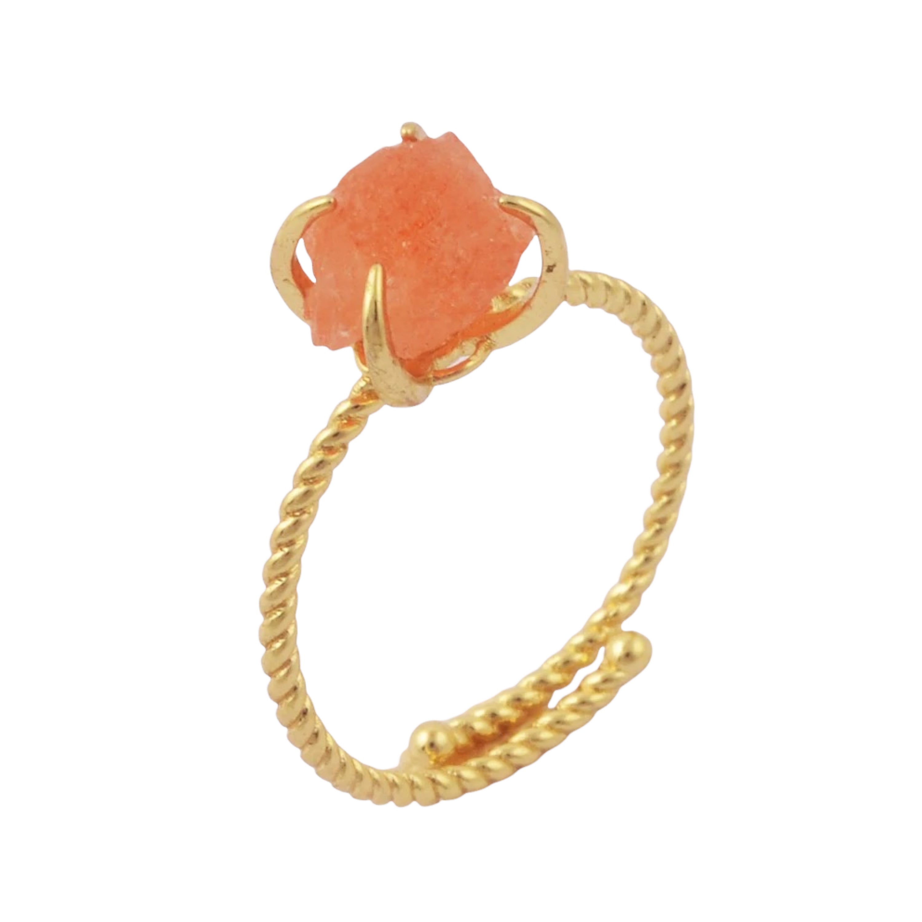 A stunning gold plated raw nugget claw ring featuring various crystals, showcasing its unique design and adjustable fit.