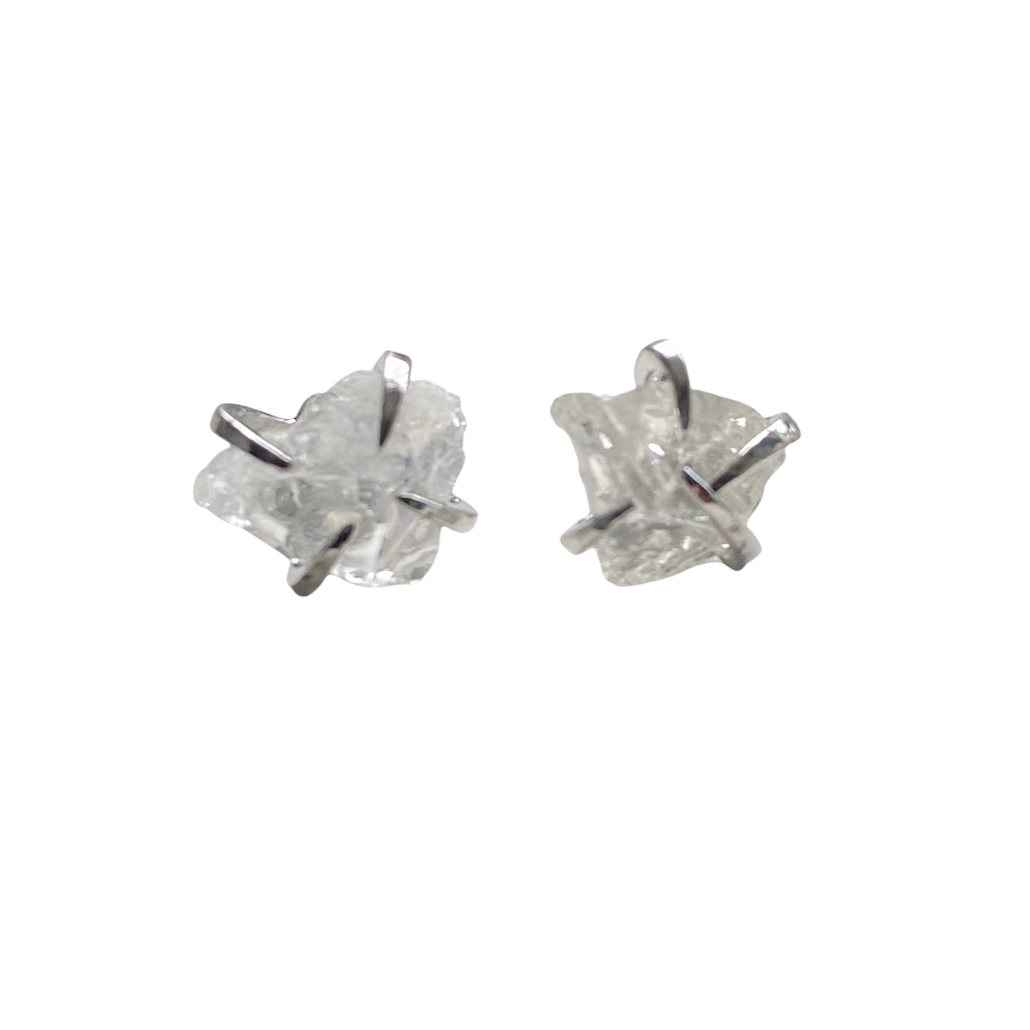 A pair of silver plated raw crystal nugget claw studs featuring various crystals like amethyst and rose quartz, showcasing their unique design.