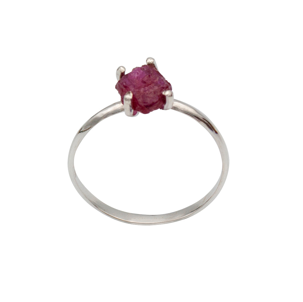 A beautiful Raw Ruby Four Prong Sterling Silver Ring showcasing natural raw rubies set in a secure four prong design on a sleek sterling silver band.