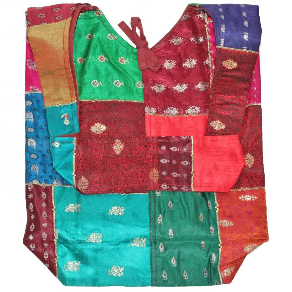 Elegant Raw Silk and Silk Embroidery Art Shoulder Bag featuring vibrant floral patchwork design.