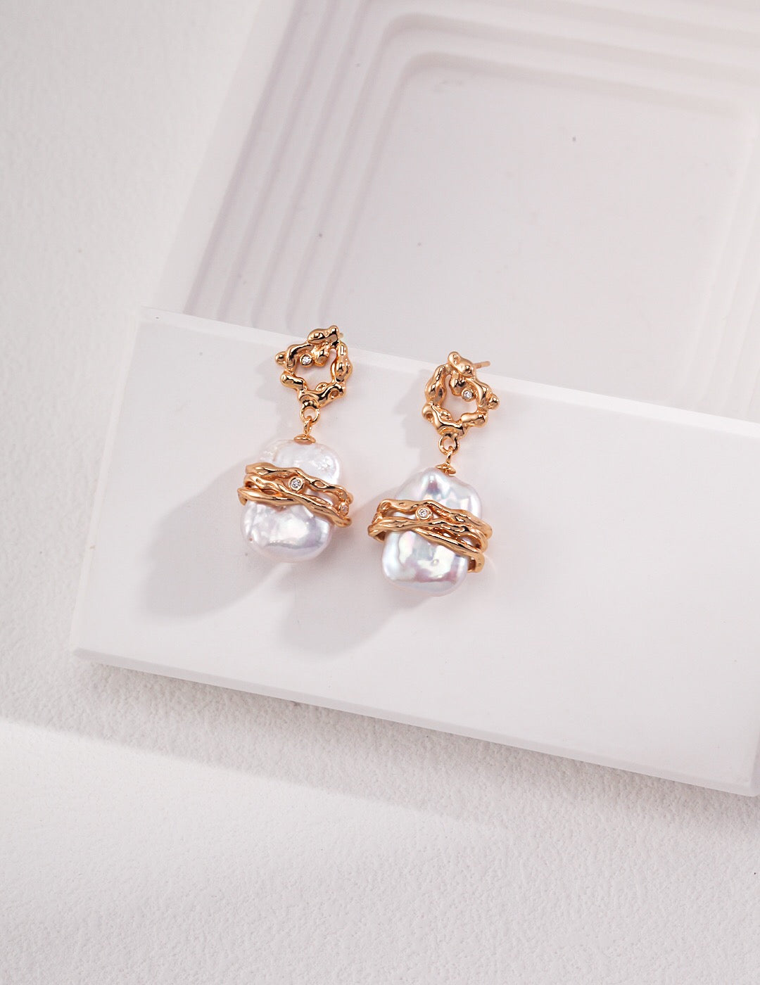 Elegant Rectangle Freshwater Pearl Earrings featuring natural baroque pearls and gold vermeil plating, beautifully handcrafted.