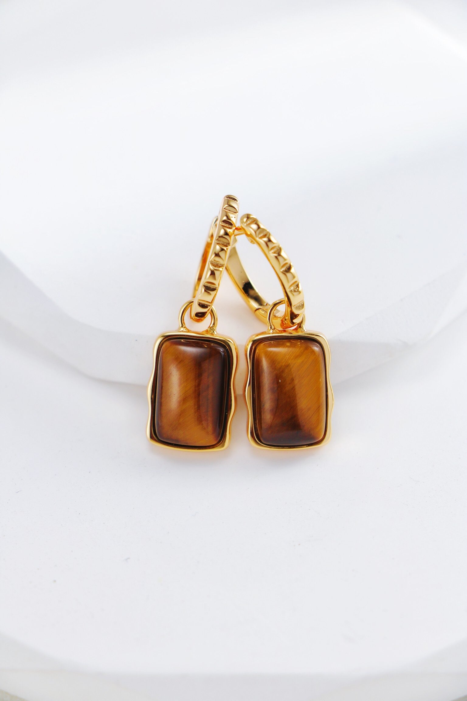 Rectangle Shape Tiger Eye Long Earrings featuring sterling silver and gold vermeil, showcasing unique patterns of Tiger Eye stone.