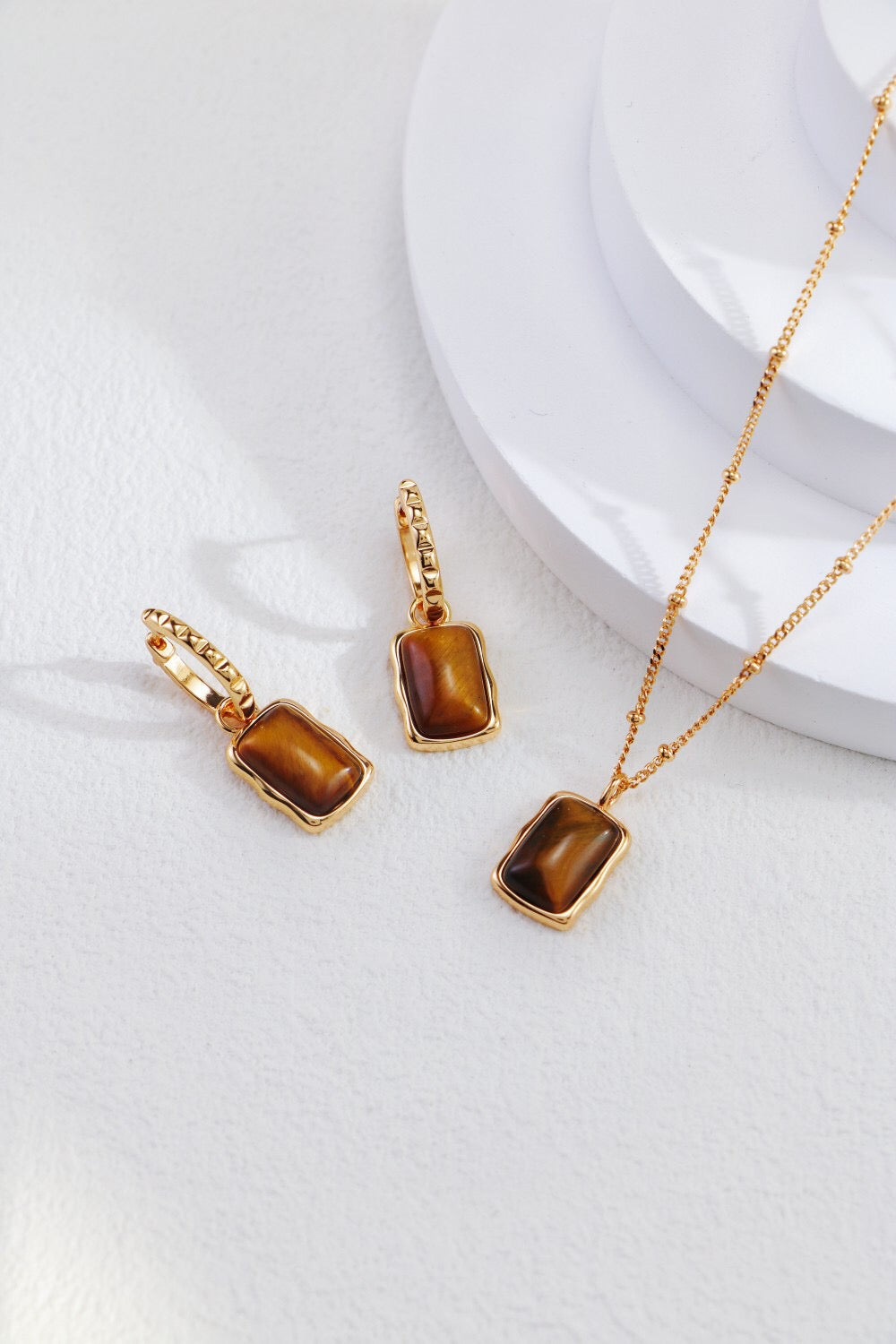 Rectangle Shape Tiger Eye Long Earrings featuring sterling silver and gold vermeil, showcasing unique patterns of Tiger Eye stone.