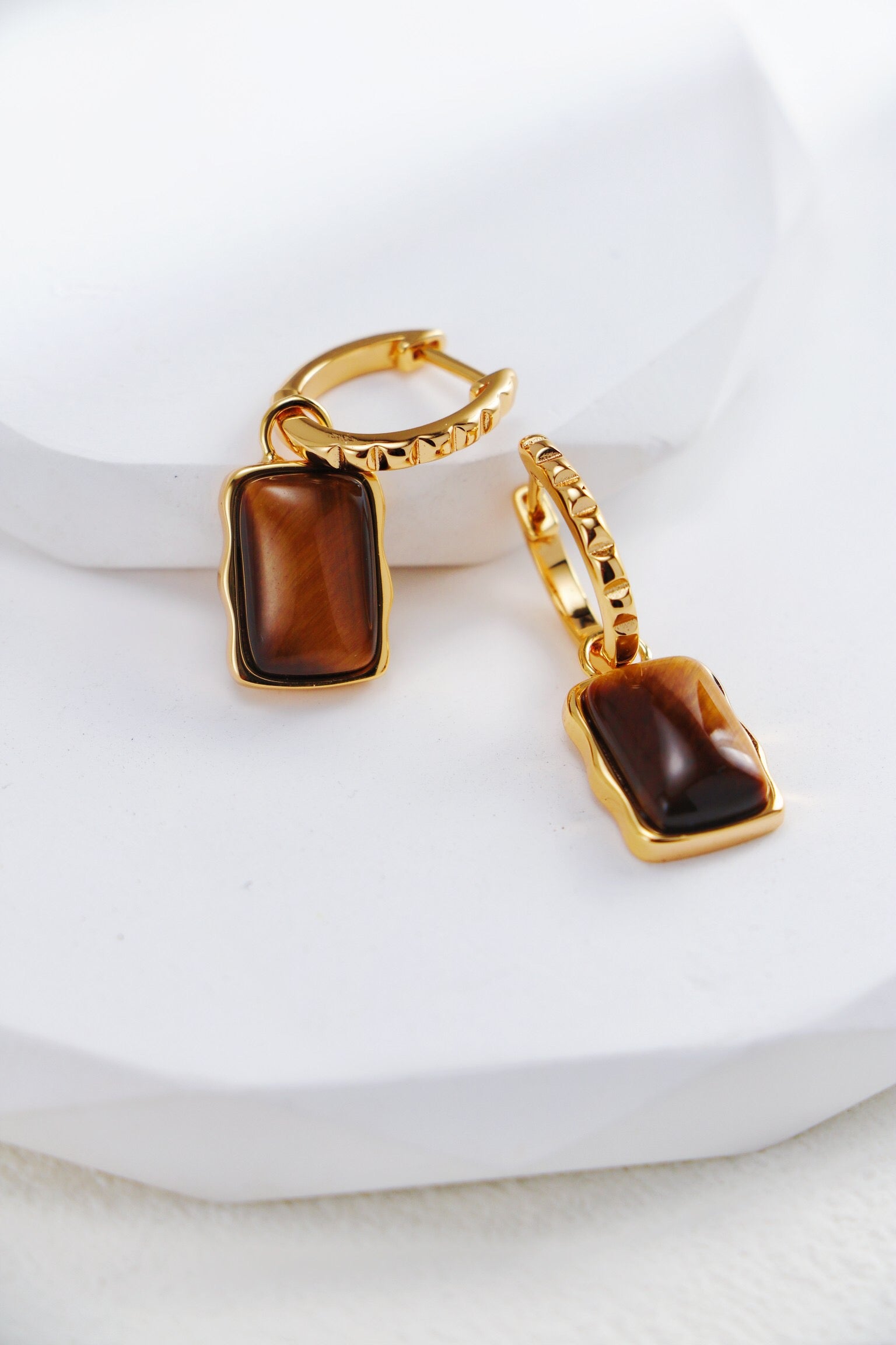 Rectangle Shape Tiger Eye Long Earrings featuring sterling silver and gold vermeil, showcasing unique patterns of Tiger Eye stone.