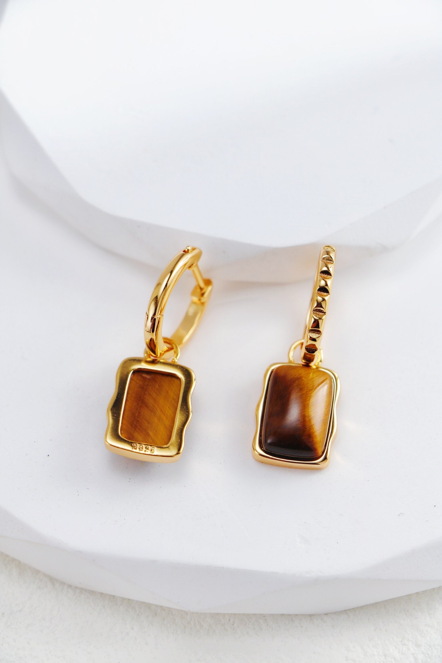 Rectangle Shape Tiger Eye Long Earrings featuring sterling silver and gold vermeil, showcasing unique patterns of Tiger Eye stone.