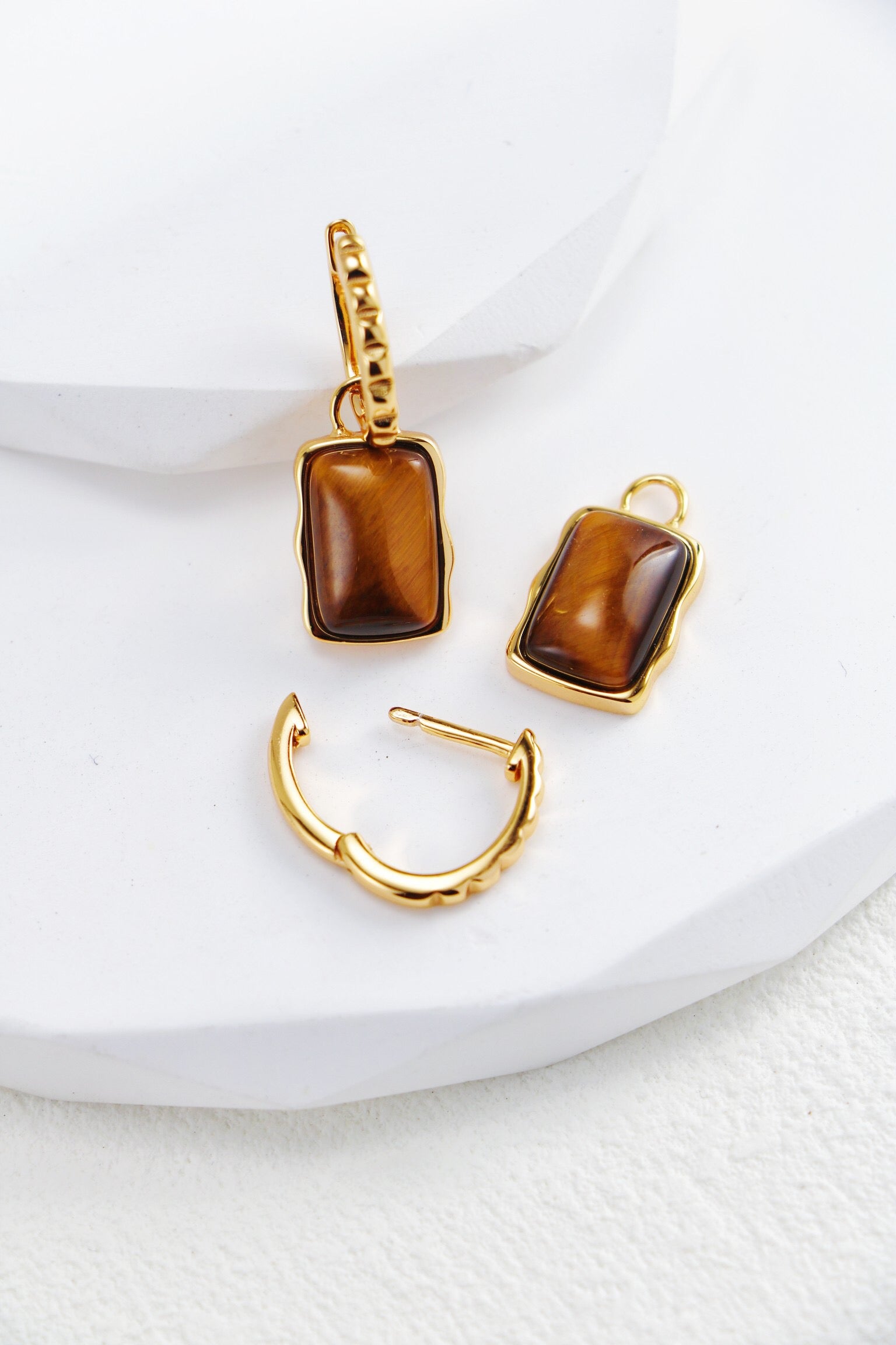 Rectangle Shape Tiger Eye Long Earrings featuring sterling silver and gold vermeil, showcasing unique patterns of Tiger Eye stone.