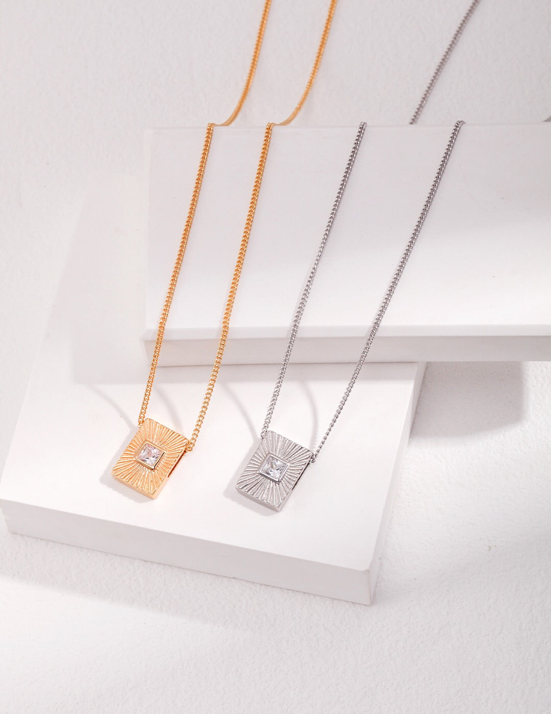 Elegant Rectangle Zircon Pendant Necklace featuring a sparkling zircon stone set in gold vermeil, perfect for any occasion.