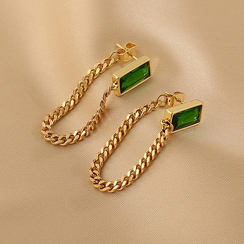 Elegant Rectangular Emerald Chain Earrings made of alloy and rhinestones, showcasing a modern design with a vibrant emerald color.