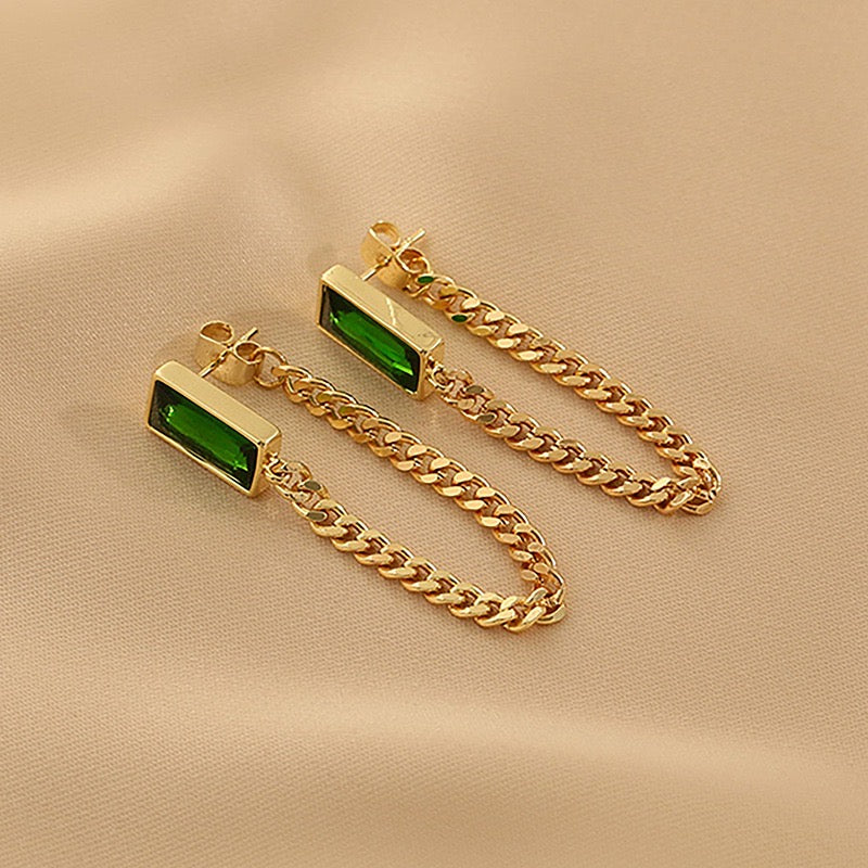 Elegant Rectangular Emerald Chain Earrings made of alloy and rhinestones, showcasing a modern design with a vibrant emerald color.