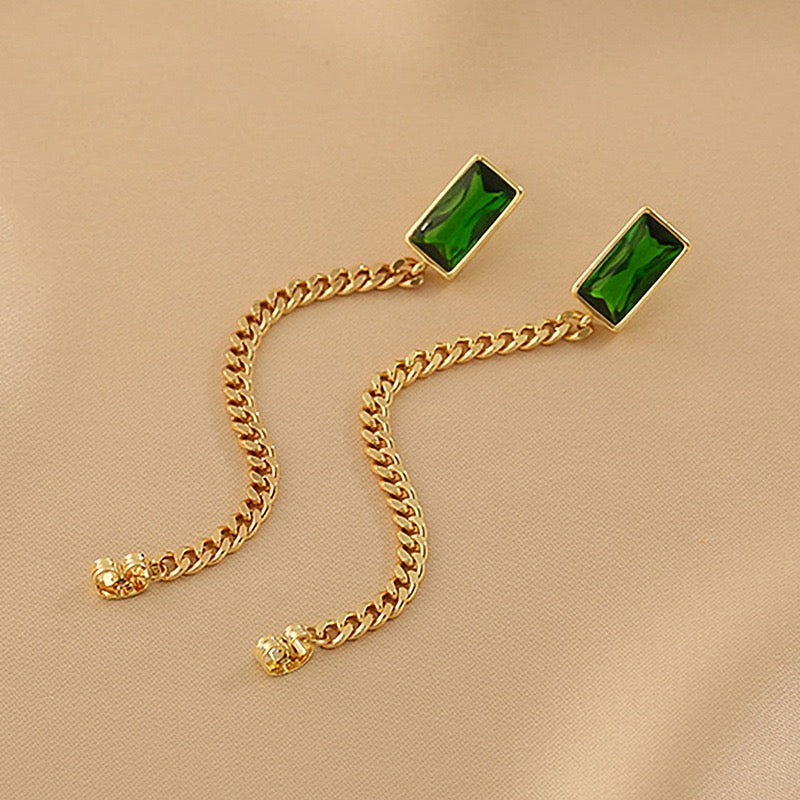 Elegant Rectangular Emerald Chain Earrings made of alloy and rhinestones, showcasing a modern design with a vibrant emerald color.