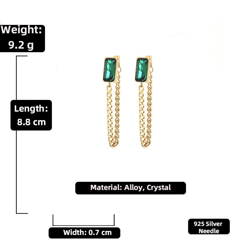 Elegant Rectangular Emerald Chain Earrings made of alloy and rhinestones, showcasing a modern design with a vibrant emerald color.