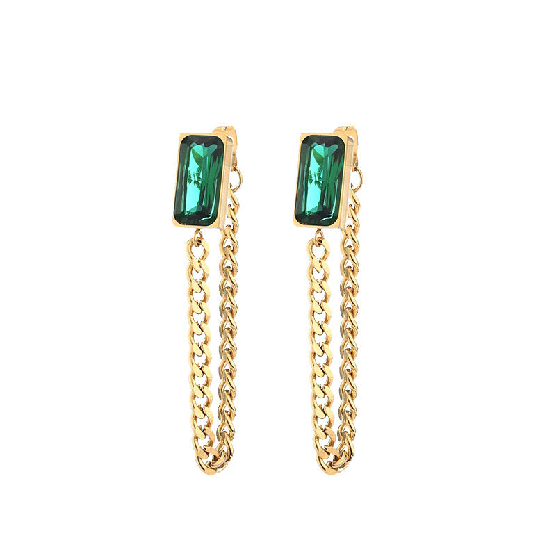 Elegant Rectangular Emerald Chain Earrings made of alloy and rhinestones, showcasing a modern design with a vibrant emerald color.