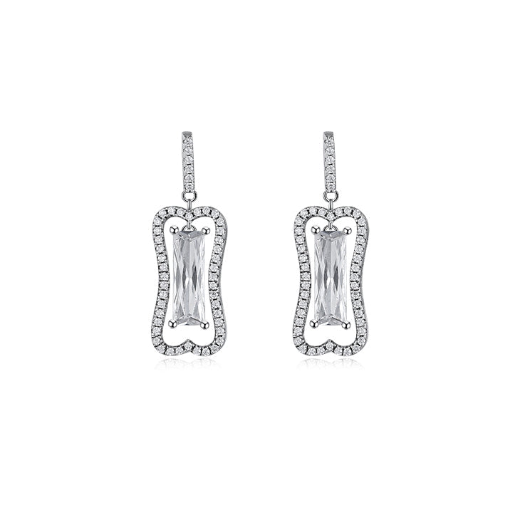 Elegant rectangular silver earrings made of 925 sterling silver with white topaz stone, showcasing a luxurious white gold finish.