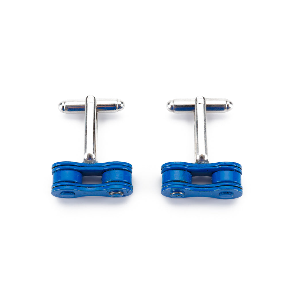 Handcrafted Recycled Bicycle Chain Cufflinks in three colors, featuring silver plated links.