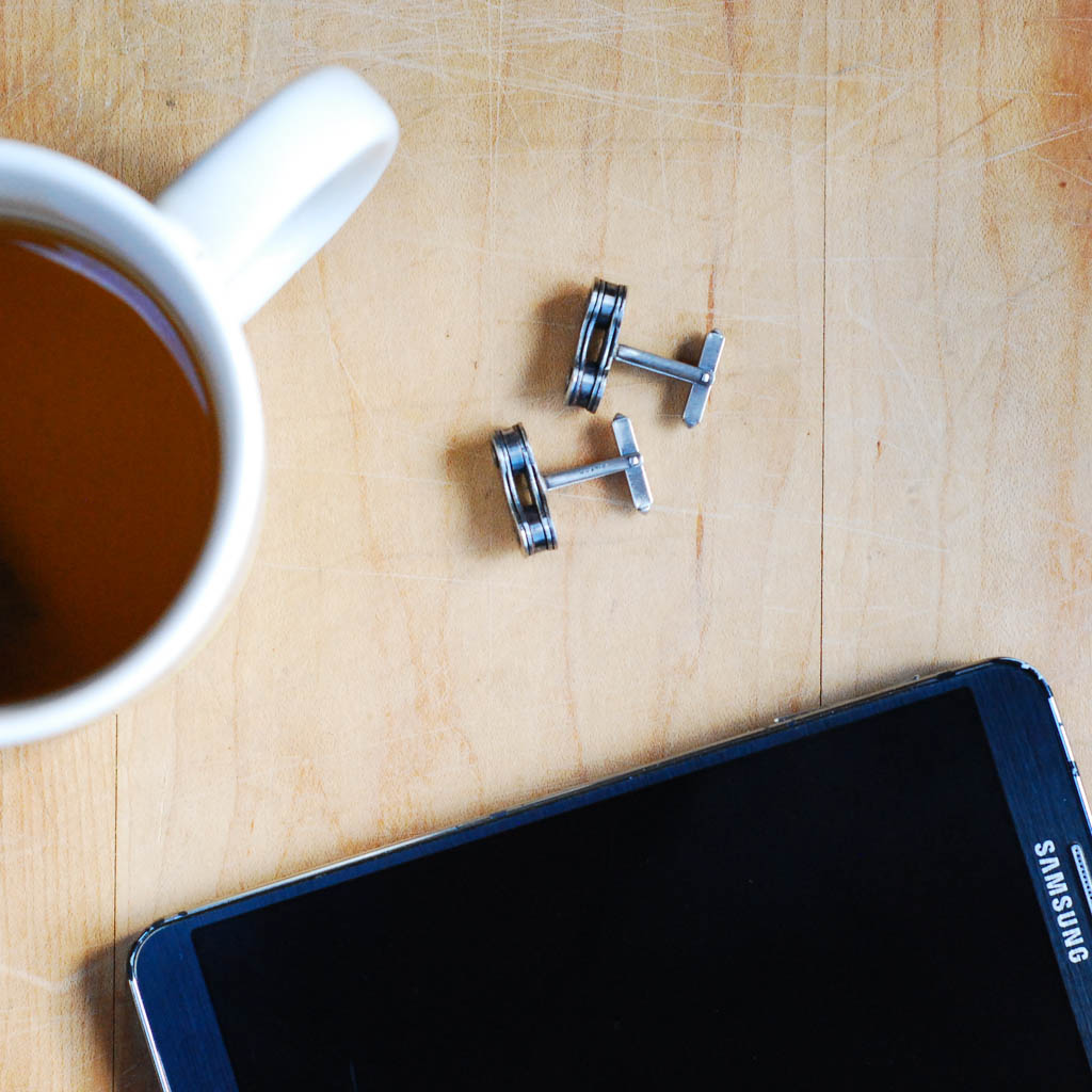 Handcrafted Recycled Bicycle Chain Cufflinks in three colors, featuring silver plated links.