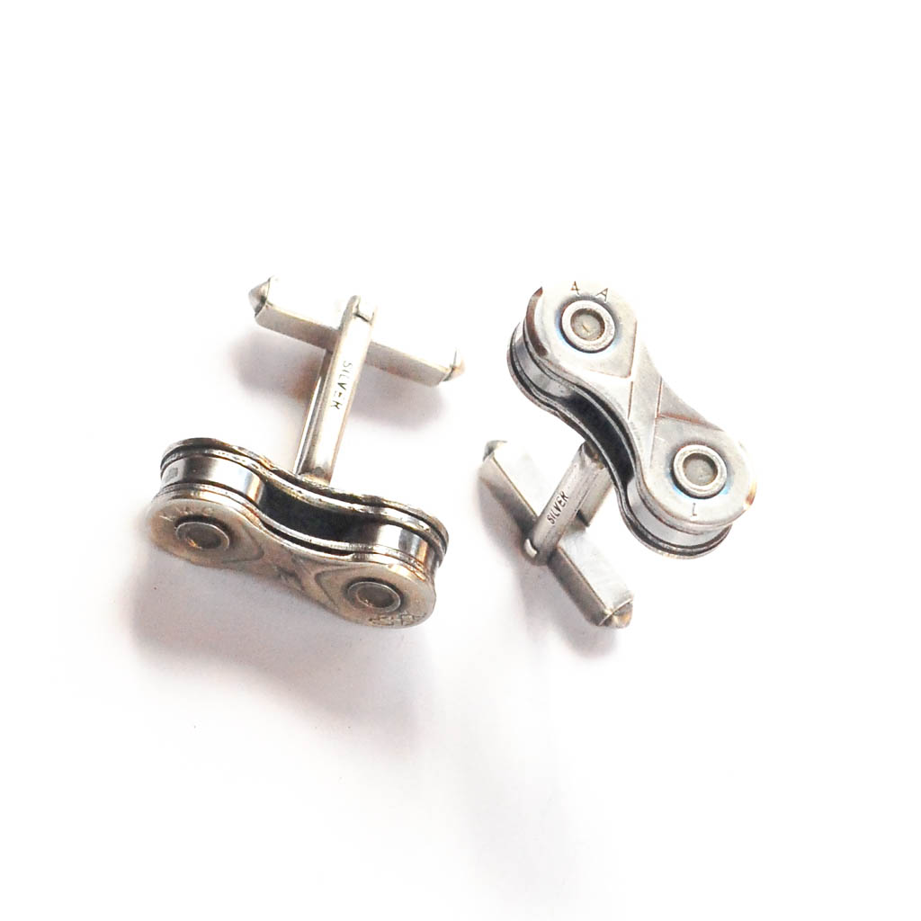 Handcrafted Recycled Bicycle Chain Cufflinks in three colors, featuring silver plated links.