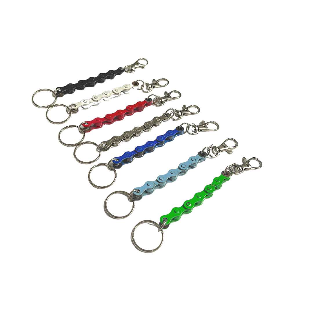 A handmade vegan keyring made from recycled bike chains, featuring a clasp and keyring for versatile use.