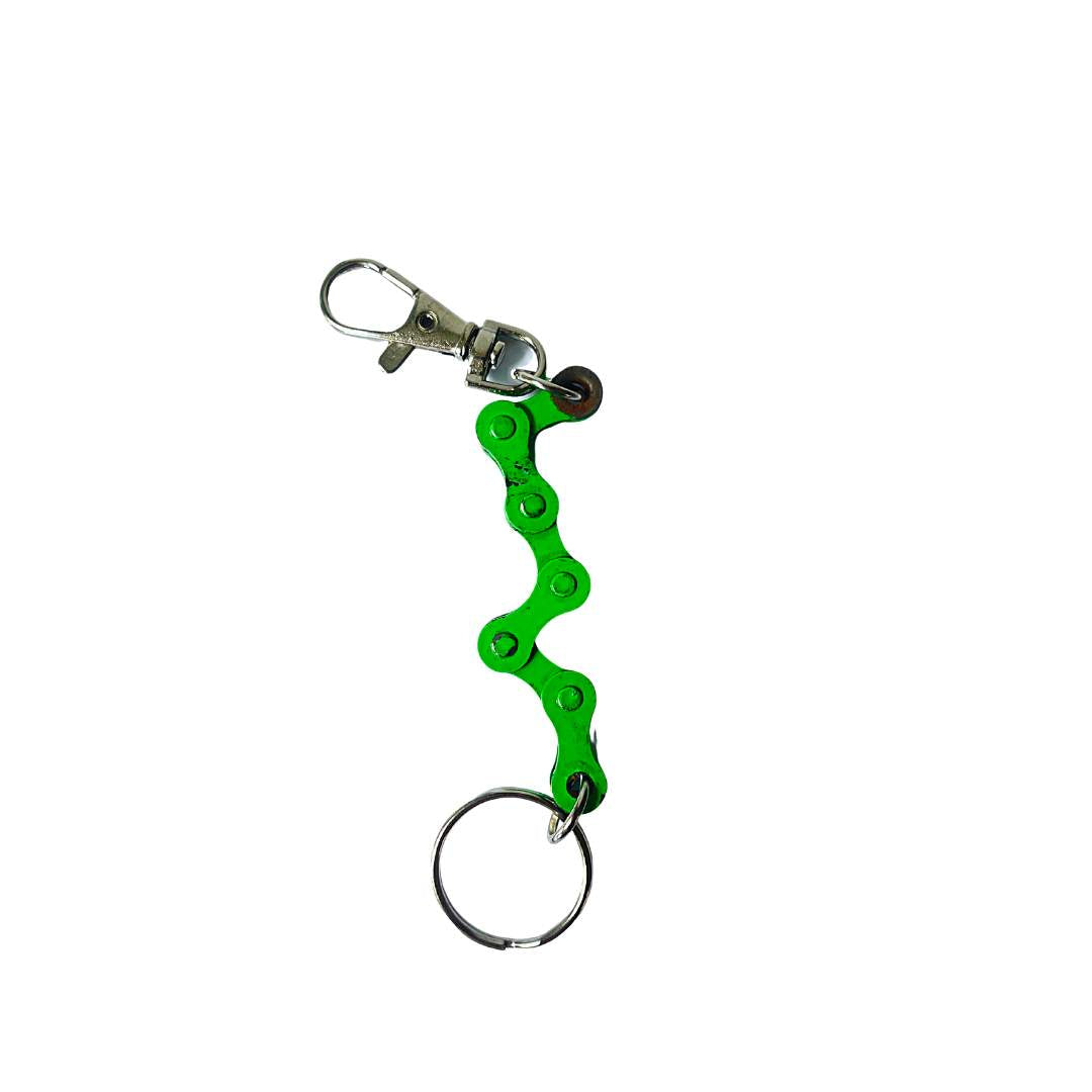 A handmade vegan keyring made from recycled bike chains, featuring a clasp and keyring for versatile use.