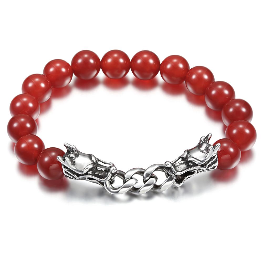 A beautifully crafted Red Agate Dragon Bracelet made from surgical stainless steel with 14K gold plating, featuring vibrant red agate stones.