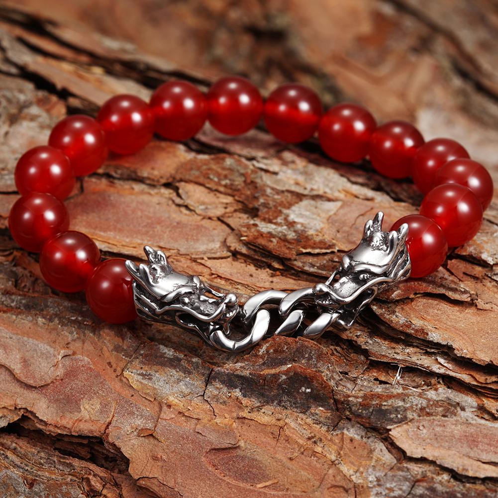 A beautifully crafted Red Agate Dragon Bracelet made from surgical stainless steel with 14K gold plating, featuring vibrant red agate stones.