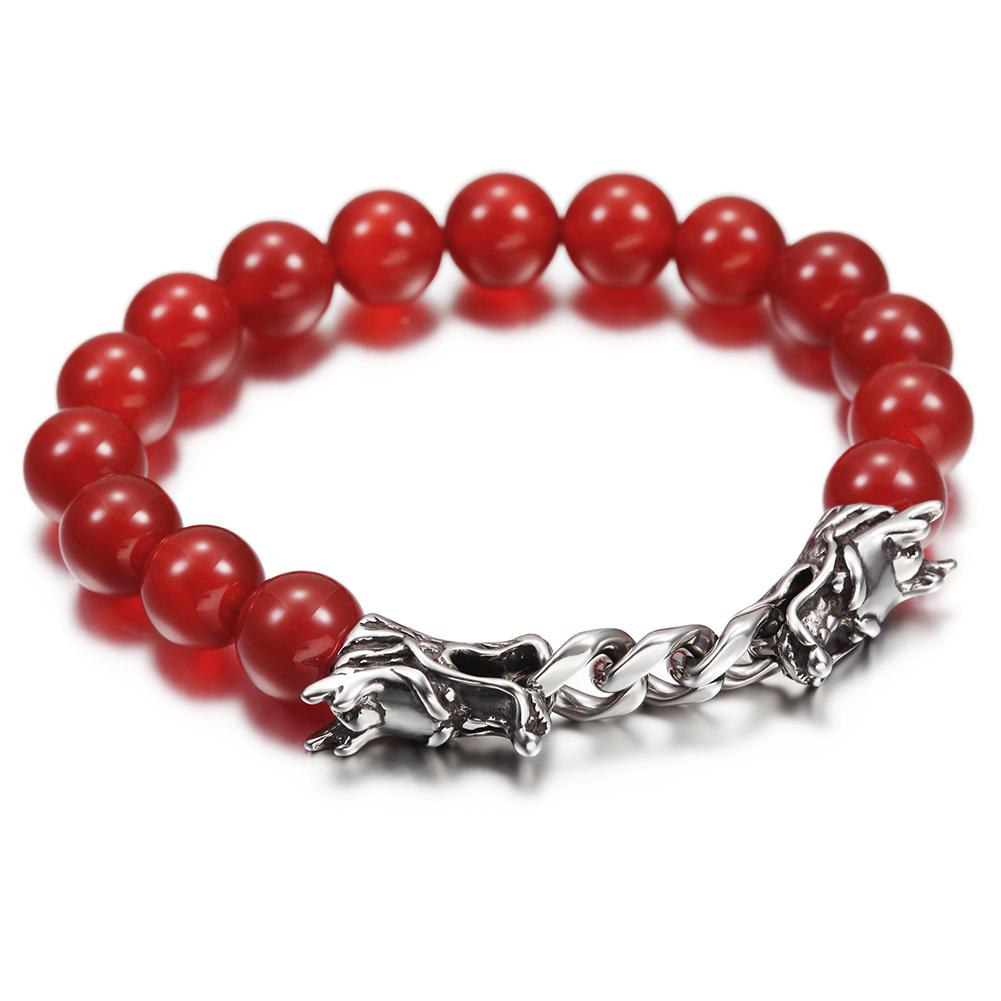 A beautifully crafted Red Agate Dragon Bracelet made from surgical stainless steel with 14K gold plating, featuring vibrant red agate stones.