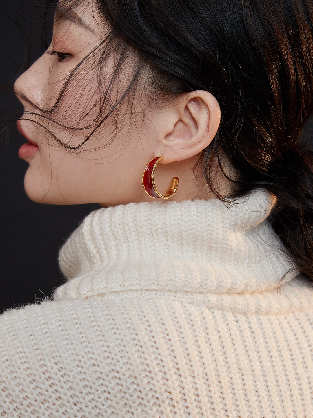 A pair of handmade Red Drip Glaze C Shape Earrings featuring sterling silver and gold vermeil, showcasing a vibrant drip glaze finish.